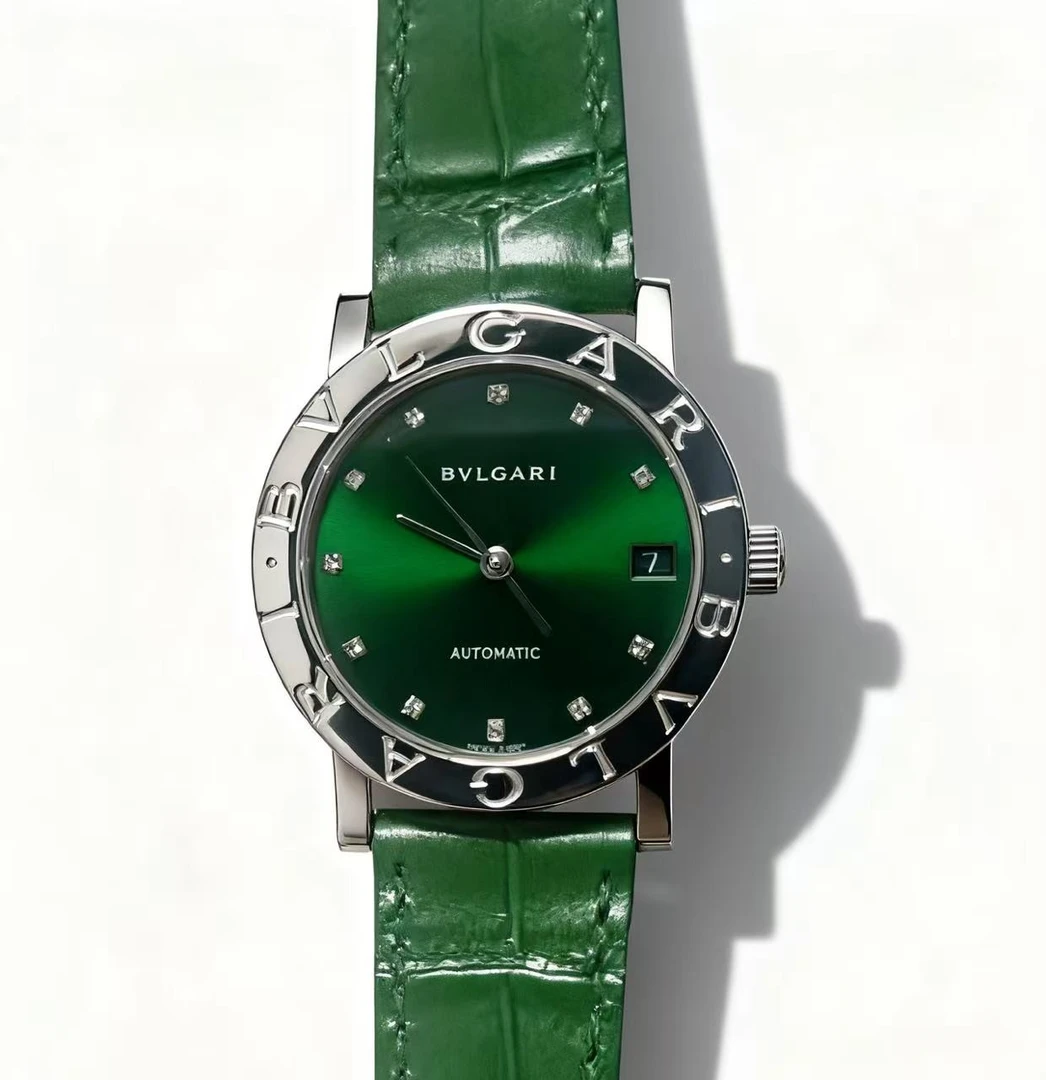 99新 BVLGARI/宝格丽 BB33白钢绿盘皮带机械jy