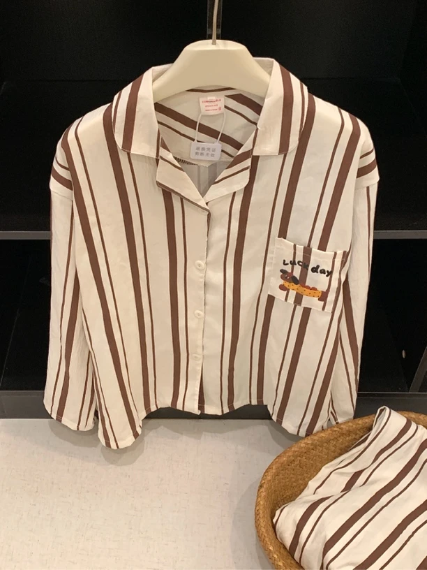 【条纹】韩版简约小众腊肠狗卡通睡衣女春秋长袖长裤甜美家居服套装