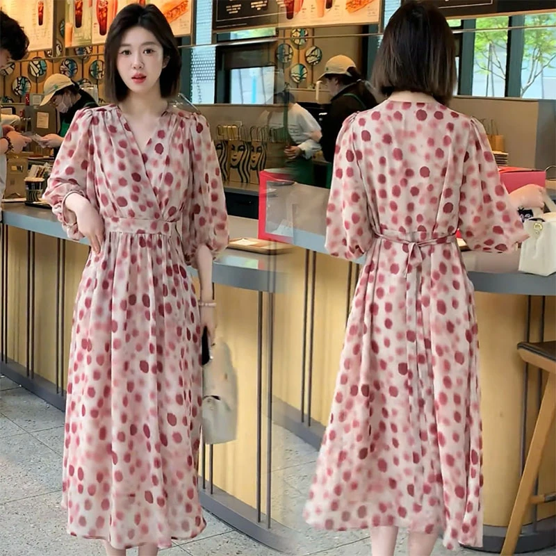 法式度假风V领红色波点长款连衣裙女灯笼袖收腰长裙2025夏季新款