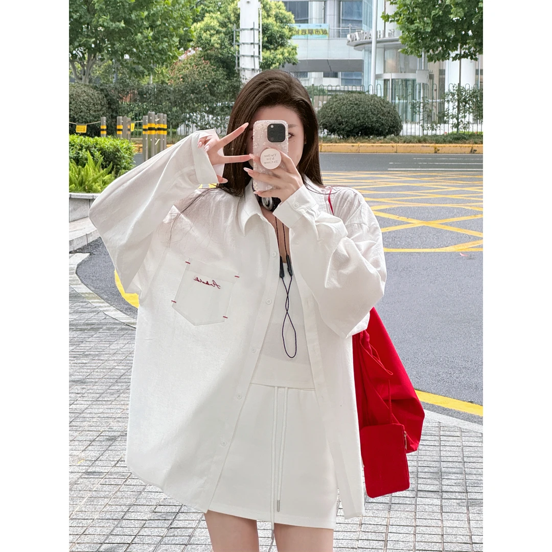 ANDEARDI轻薄衬衫口袋刺绣印花外套女宽松上衣外穿