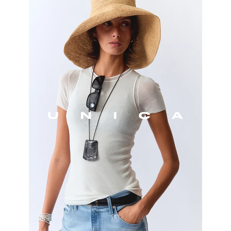 UNICA/时髦微透清凉0压感叠穿_定纺桑蚕丝纱线细边夏款针织T恤