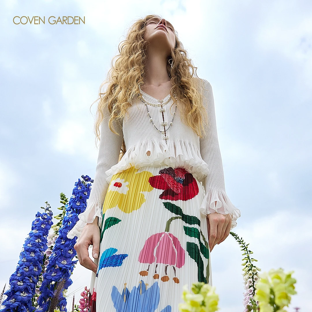 哥文花园白色棉质针织衫荷叶边CSA2031470