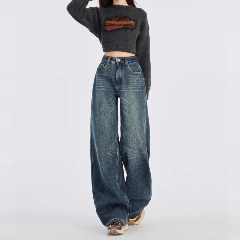 美式复古高腰阔腿牛仔裤深蓝女2025早春新款百搭宽松慵懒直筒长裤