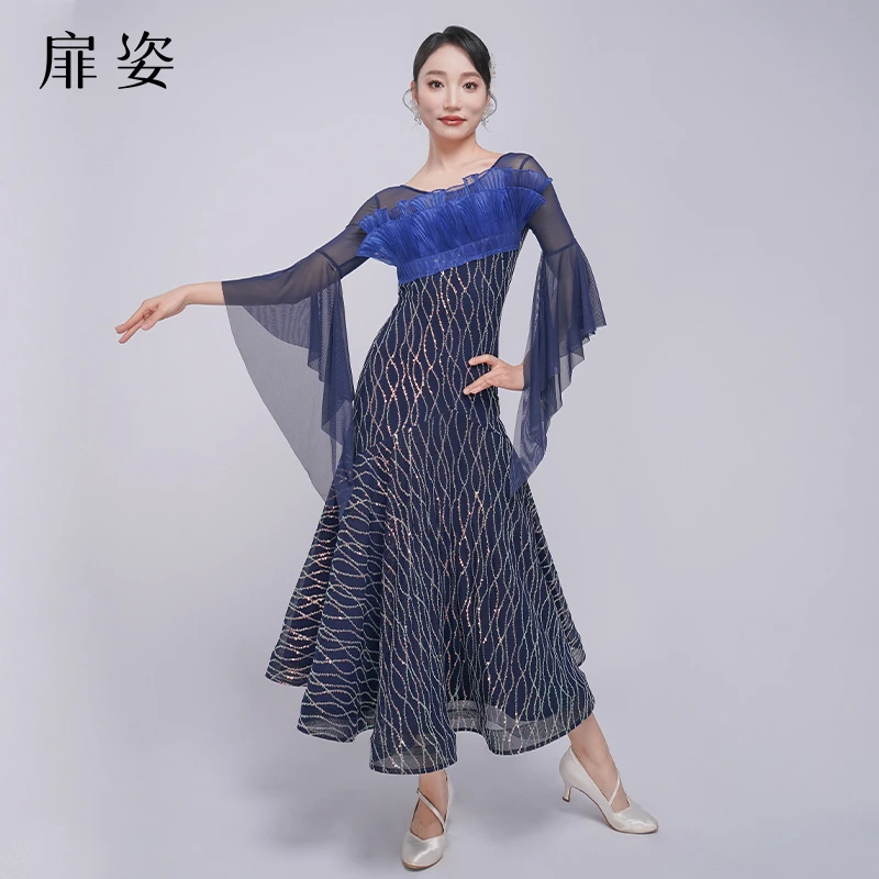 扉姿 摩登舞裙女国标舞比赛裙子交谊舞表演裙洋气跳舞连衣裙F3054