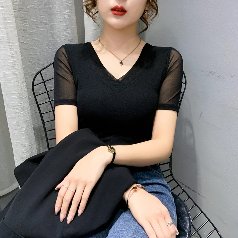夏季新款修身显瘦V领短袖t恤女打底外穿黑色薄款女士时髦打底衫