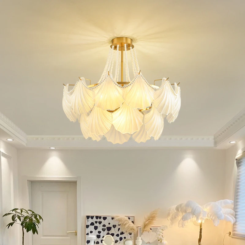 大观园轻奢风主卧室客厅灯法式水晶吊灯珍珠贝壳玻璃餐厅灯具1313