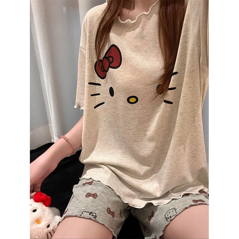 kitty懒人短袖T恤休闲短裤套装韩版少女风家居服宽松夏季薄款睡衣
