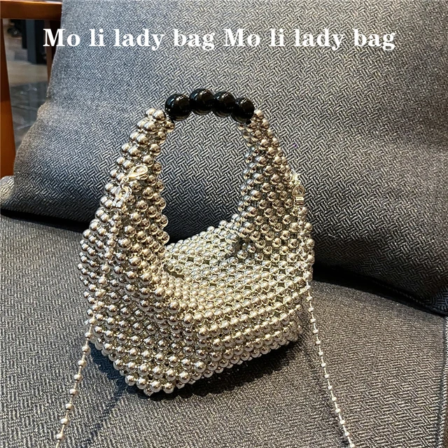 2025时髦欧美高级感复古银闪闪串珠包手工编织波士顿手提包斜跨包