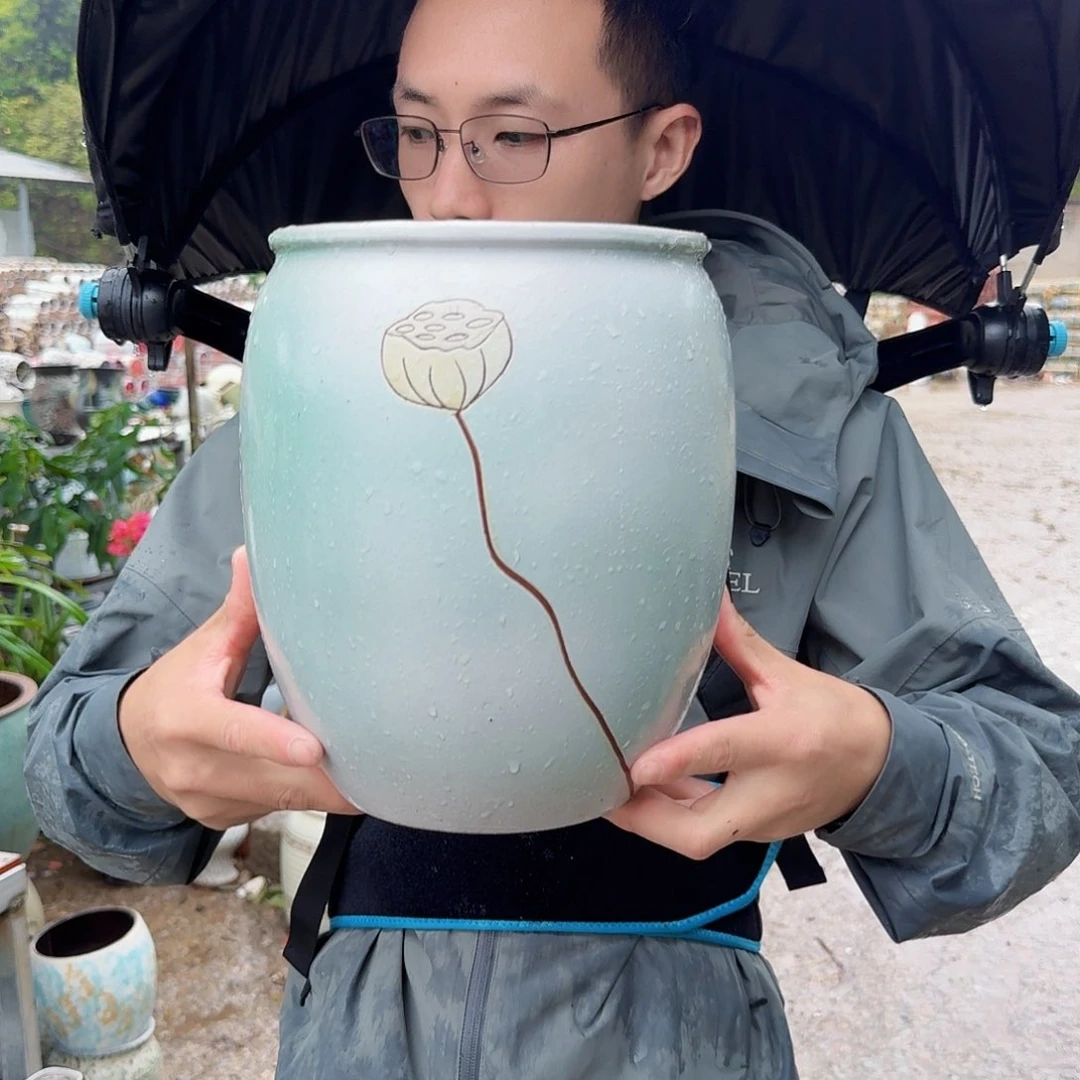 紫砂花盆口19高25（一个莲花刻绘天青