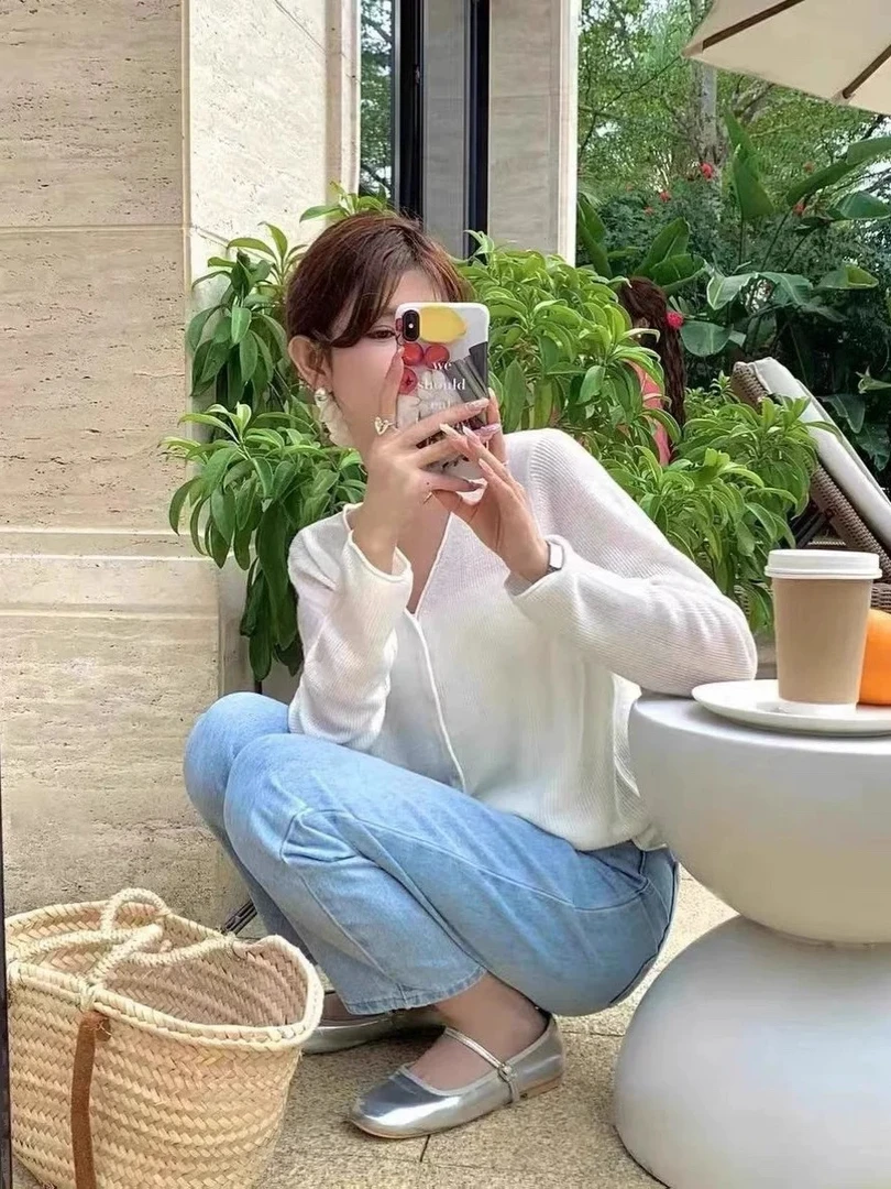 52047 简约V领长袖针织开衫（衣长50左右）