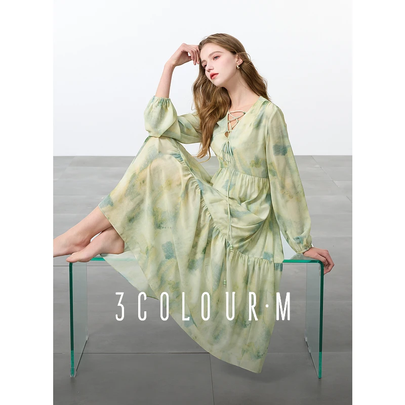 3244-D401AM30BL00三彩2025春季新款晕染印花连衣裙V领系dbc
