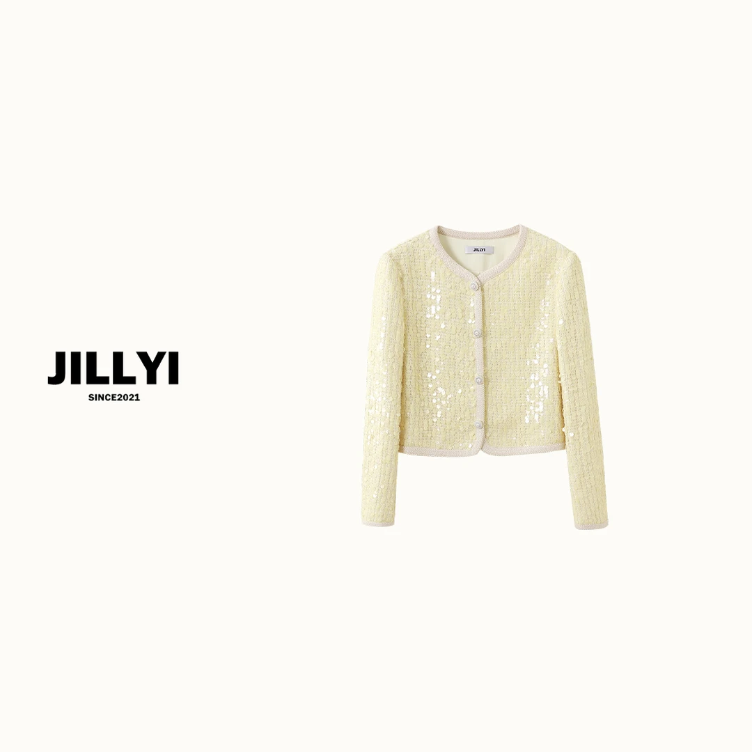 JILLYI南山店【梦幻向日葵】黄色圆领满满亮片华丽轻奢风秋季时尚外