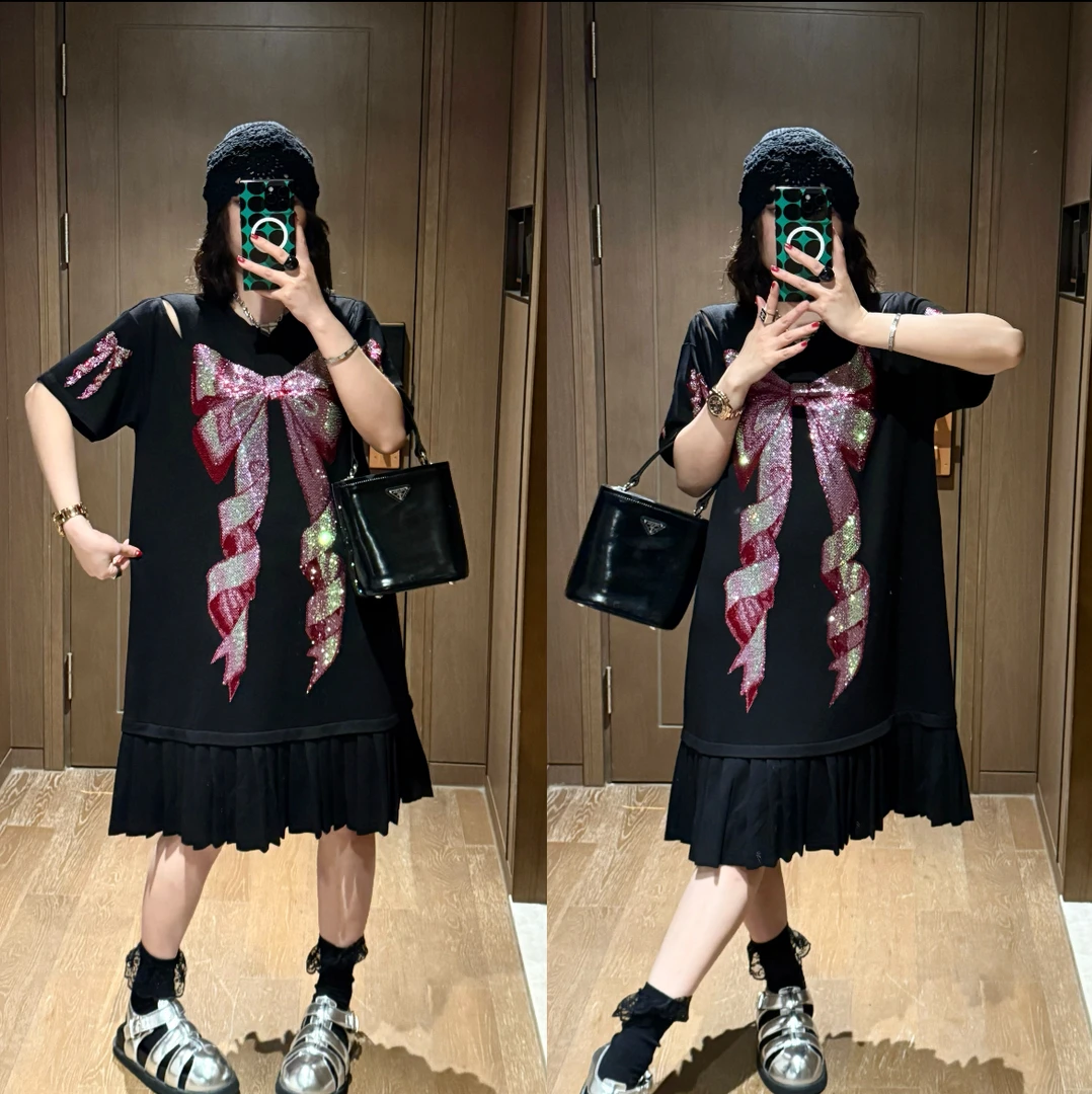 YDFSTUDIO小众【法式邂逅】欧货高品蝴蝶结亮钻重工设计时尚连衣裙