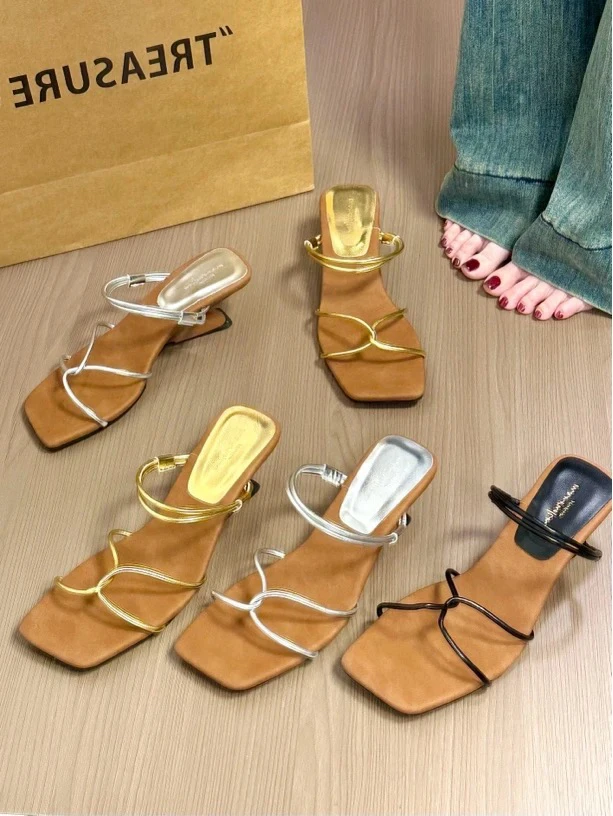 titing古着欧尼！复古感方头一字带坡跟凉拖女夏季美拉德两穿凉鞋