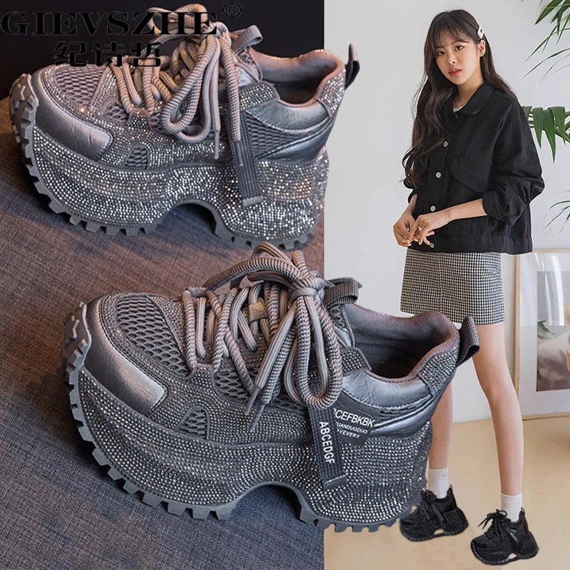纪诗哲厚底老爹鞋女ins潮2025秋季新款透气水钻满钻休双层方头