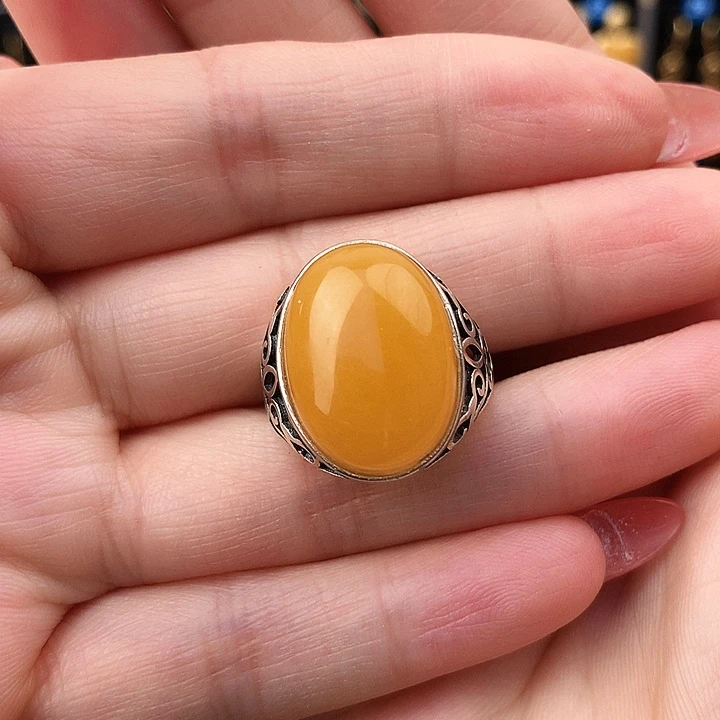 蜜蜡戒指银S925镶嵌戒指