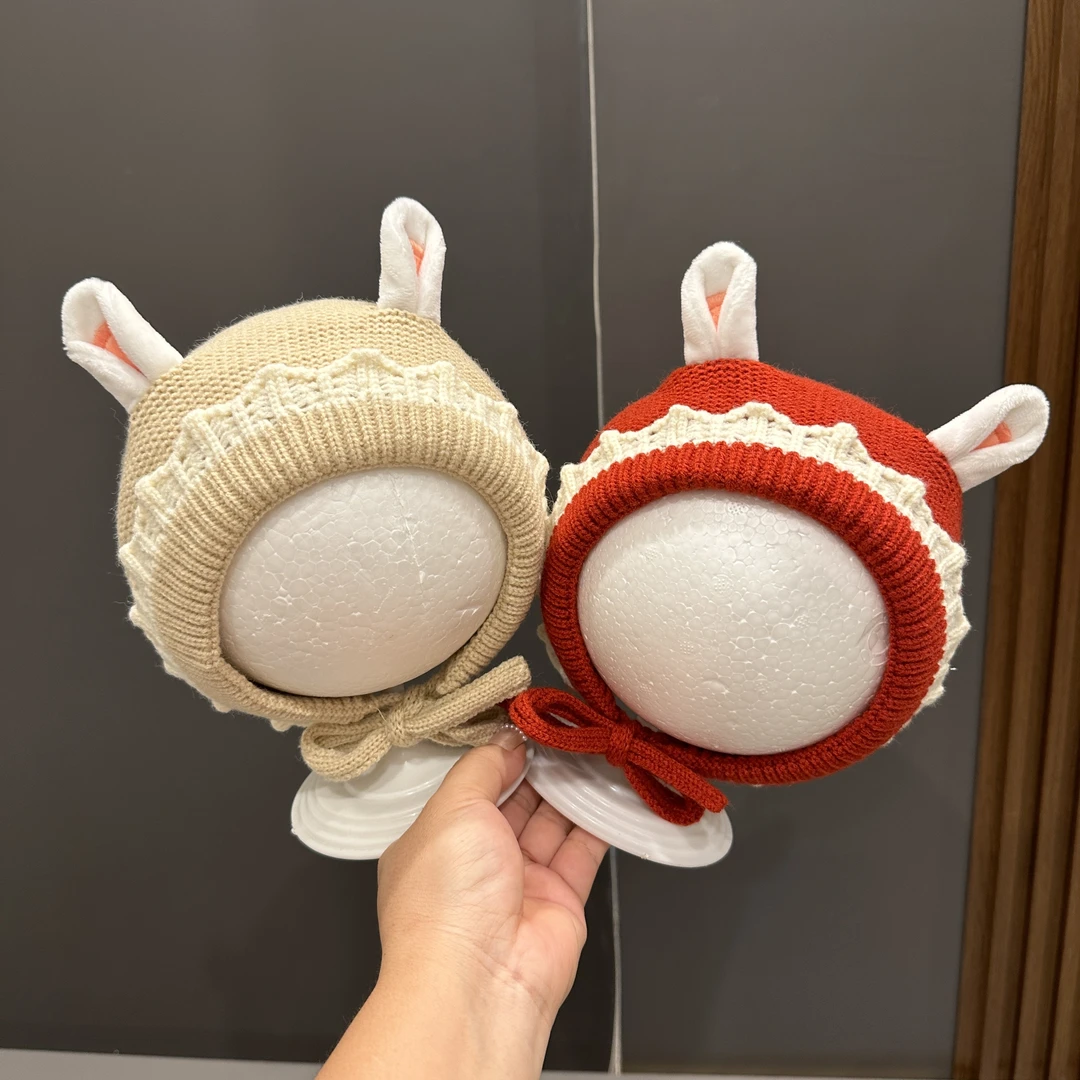 婴儿帽子秋冬套头帽婴幼儿护耳帽小月龄女宝宝公主冬季外出毛线帽