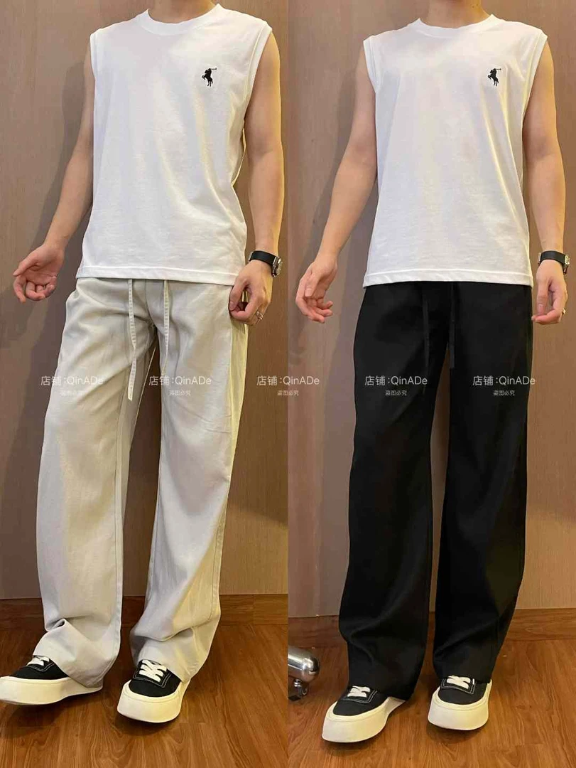 QinADe薄款天丝亚麻凉感莱赛尔简约透气垂感阔腿裤宽松休闲长裤男