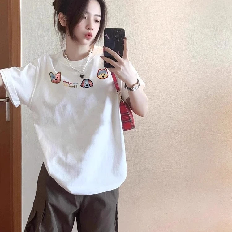 纯棉白色短袖t恤女2025新款爆款夏季网红宽松设计感小众圆领上衣