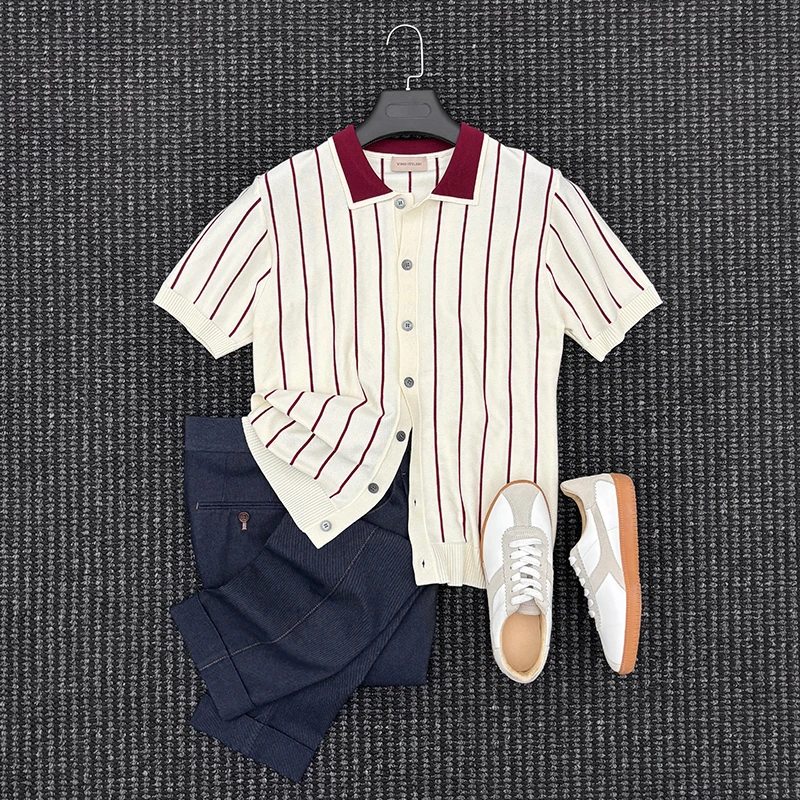 Mrperfect夏季老钱风商务休闲针织POLO衫男士休闲条纹冰丝短袖T恤