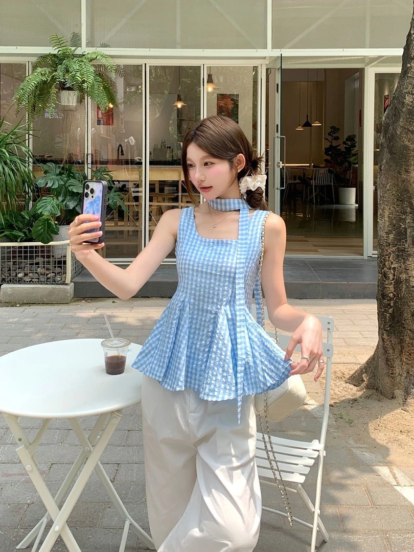 甜美格子吊带小背心女夏季荷叶边收腰甜辣妹短款无袖外穿飘带上衣