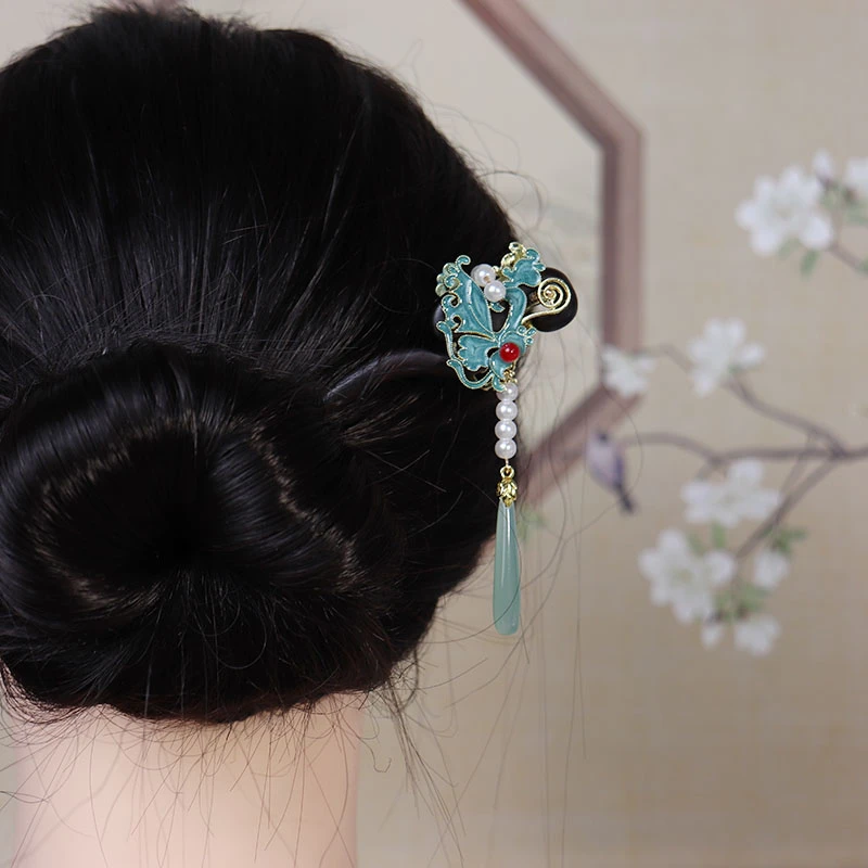 恬奇家z1540“徇山野”高定手工发簪烧蓝蝴蝶双面发饰汉服百搭古