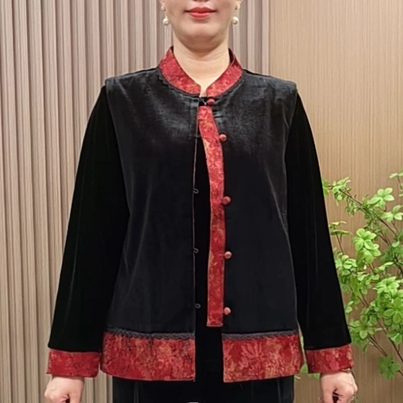 气质妈妈装秋季丝绒套装中老年女装秋装国风马甲坎肩小衫两件套