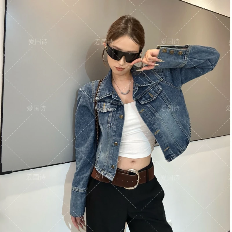 重工直角肩短款牛仔外套女2025美式复古休闲炸街夹克上衣8-15#