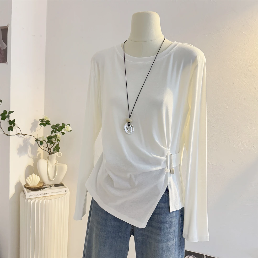 不规则开叉圆领长袖T恤女2025秋季设计感褶皱收腰正肩打底衫上衣