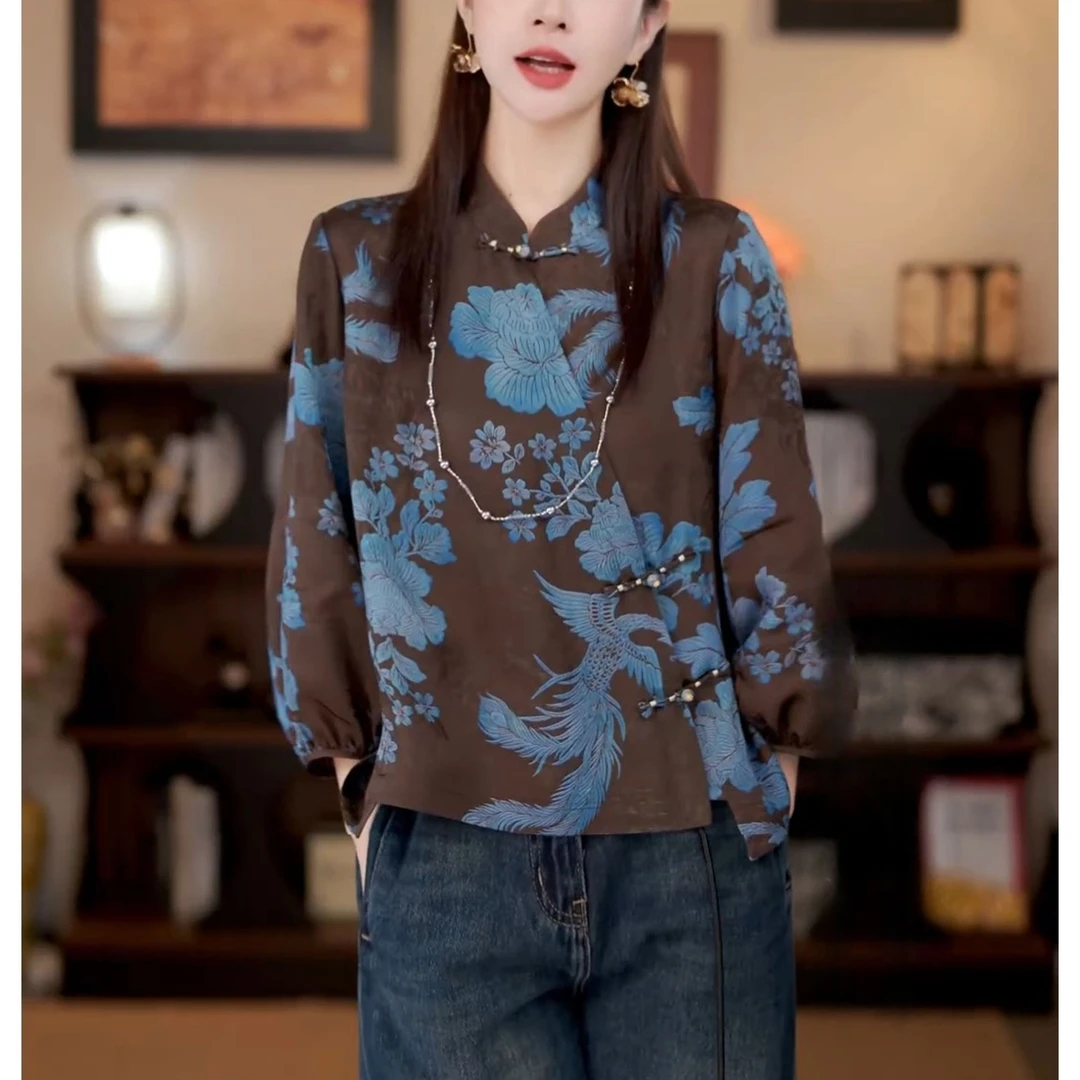新中式气质百搭印花上衣2025秋季新款洋气设计感显瘦国风立领小衫