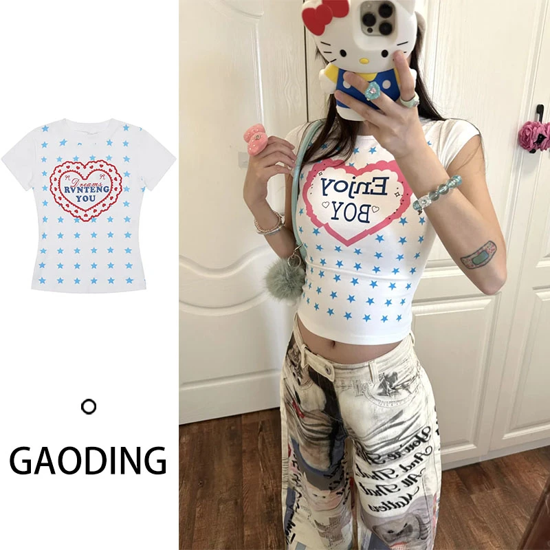 小众减龄爱心印花韩系正肩短款修身显瘦高弹短袖短款露脐T恤上衣