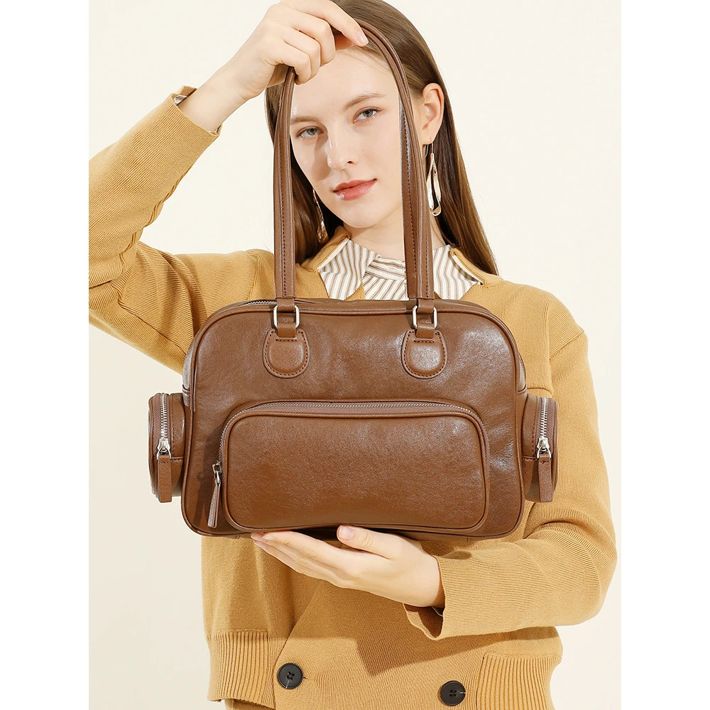 复古纯色手提保龄球包女秋冬新款小众百搭通勤小众设计腋下单肩包