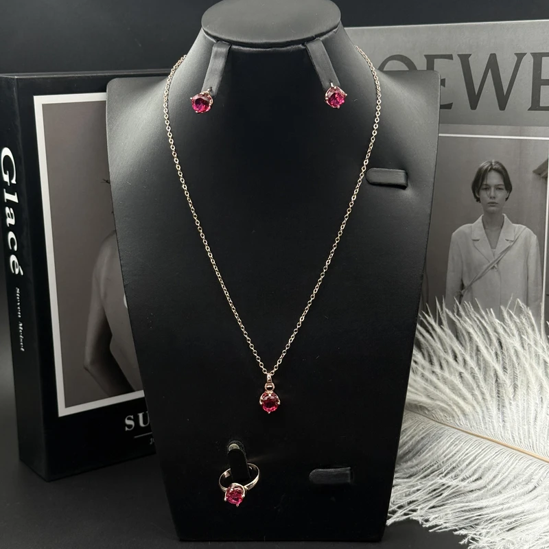 钛钢合成锆石项链 Xyuer红色水小晶定制款精美三件套首饰