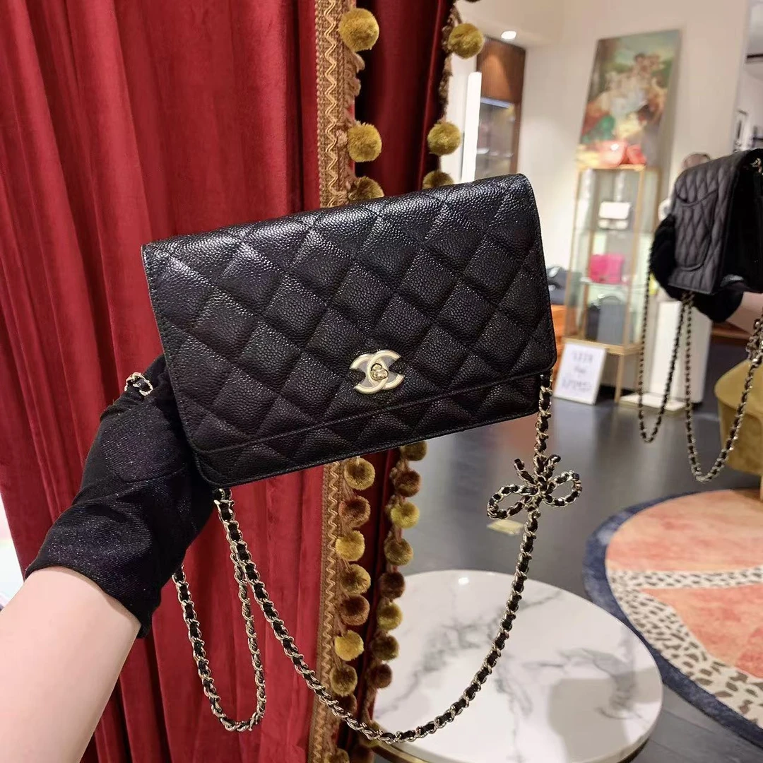 99新 Chanel/香奈儿 23s蝴蝶结woc黑金荔枝牛皮芯片款/56407817