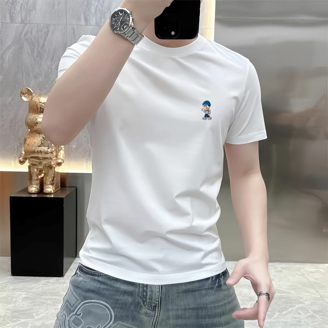 纯色百搭高级感英伦风男士新款轻奢短袖时尚刺绣设计夏季潮流T恤