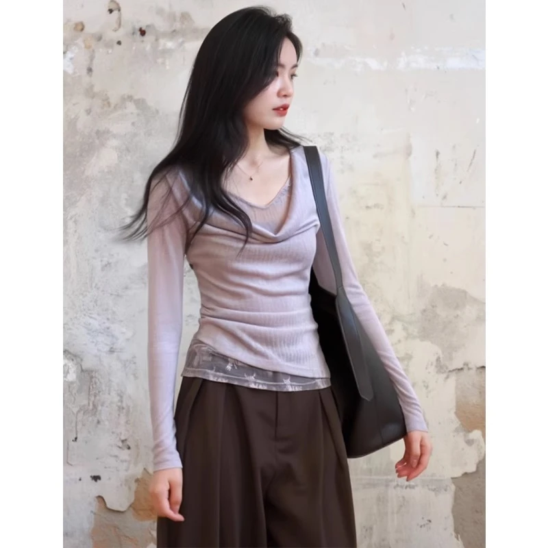 法式高级感紫色荡领蕾丝衫女2025春季新款设计感修身别致绝美上衣