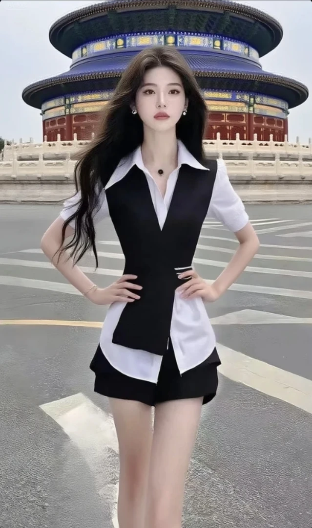 夏季温柔知性风设计感衬衫领修身收腰短袖两件套女显瘦气质女装