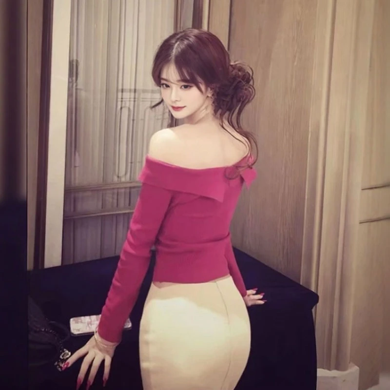 法式纯欲风性感一字肩长袖针织衫包臀半身裙两件套25秋季新款上衣