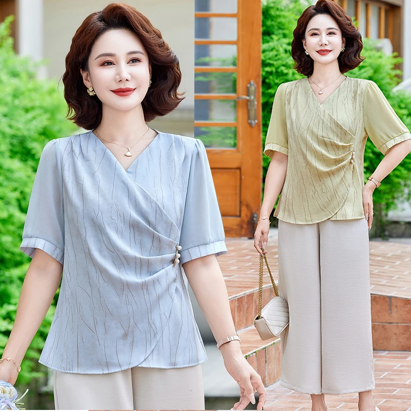 妈妈夏装洋气T恤时尚减龄小衫套装40-50岁洋气时髦新款中老年女装