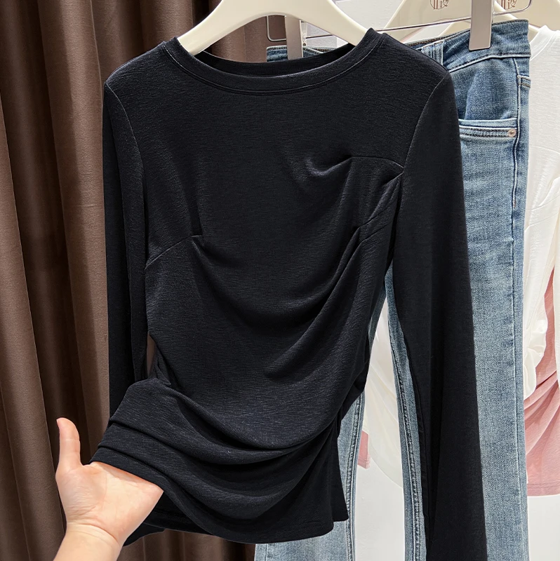 褶皱收腰圆领上衣女秋内搭薄款修身百搭长袖打底衫设计感小众T恤
