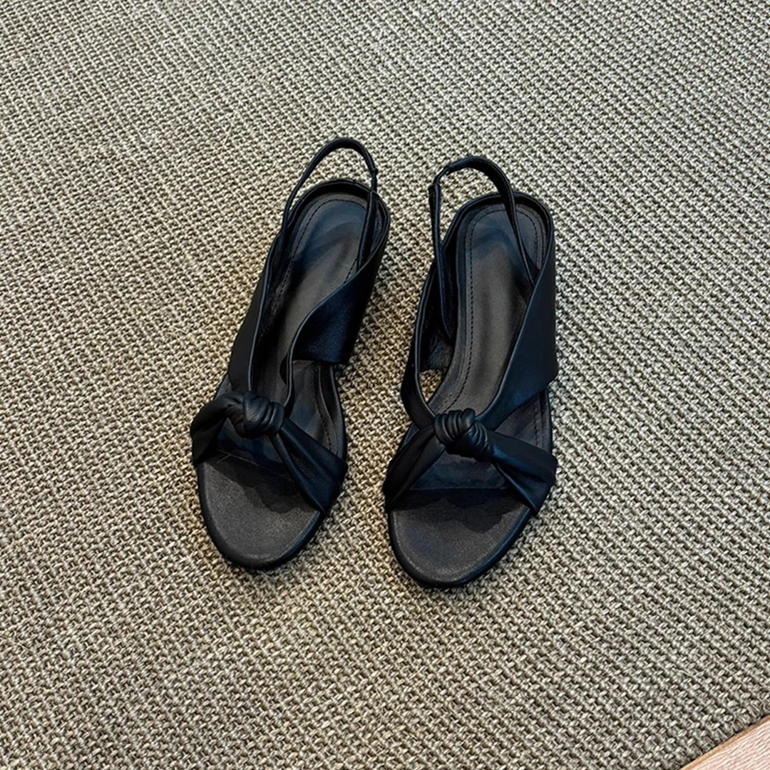 羊皮版~小众设计简约露趾圆头交叉带坡跟凉鞋女夏百搭罗马凉鞋女