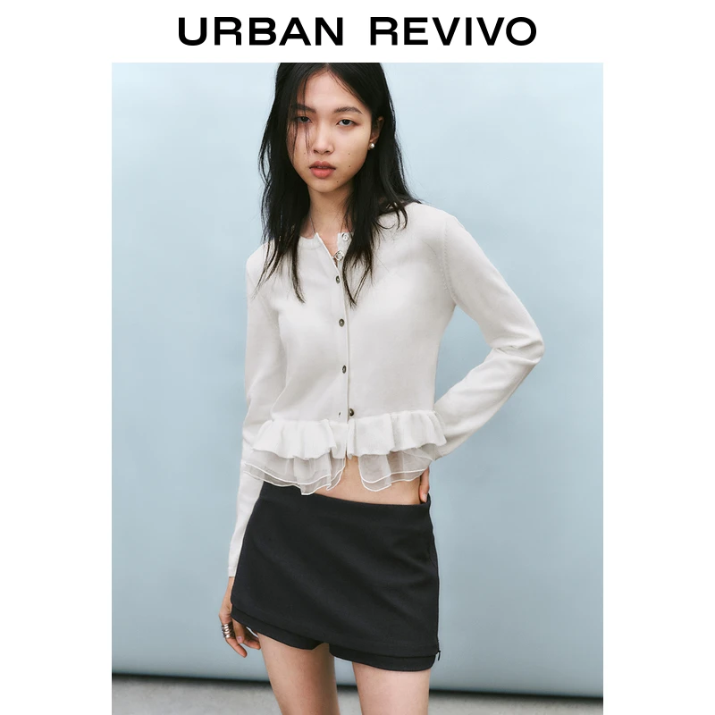 UR2025春季新款女装欧若风拼接薄纱荷叶边纽扣针织开衫UYU950059