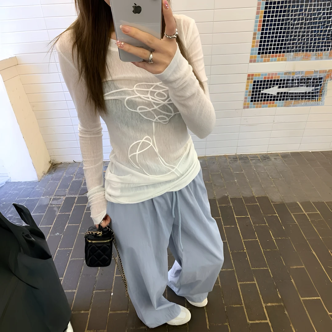 立体气泡印花微透长袖T恤女春夏季百搭透气显瘦防晒宽松罩衫上衣