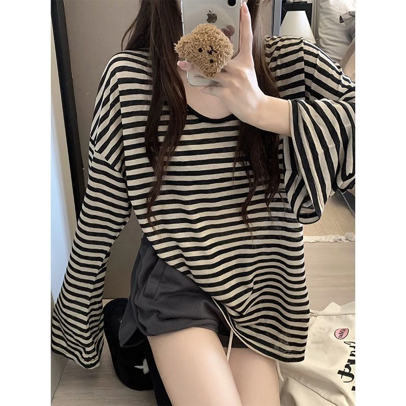 美式复古撞色条纹防晒罩衫T恤女夏季宽松休闲慵懒松弛感上衣薄款