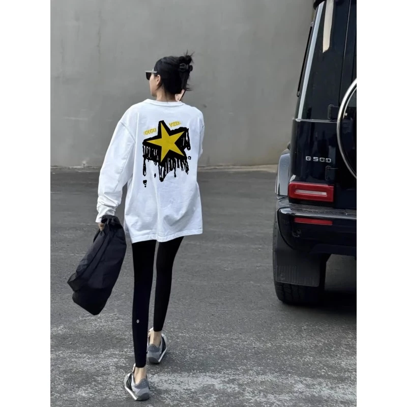 纯棉T恤女长袖春秋冬2025新款美式宽松白色百搭内搭打底衫上衣潮