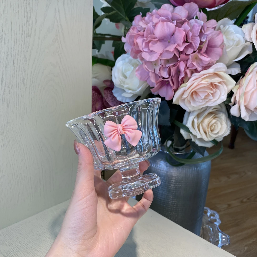 新品高颜值蝴蝶结玻璃甜品杯梅花高脚酸奶燕麦杯仙女奶昔鸡尾酒杯