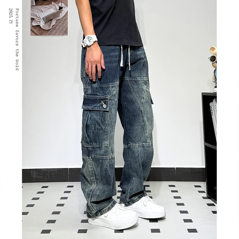 大口袋水洗工装牛仔裤男秋季新款美式高街宽松长裤百搭痞帅直筒裤