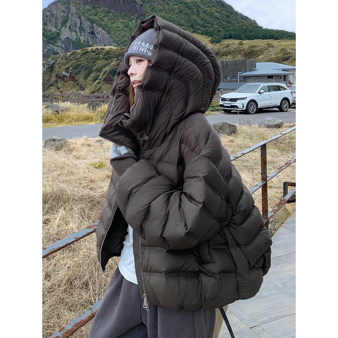 黑色云朵泡芙连帽羽绒服女冬2025新款韩系短款90白鸭绒面包服外套