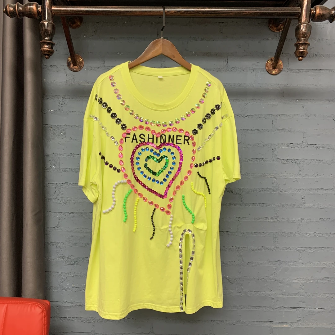 满钻爱心黄绿色短袖