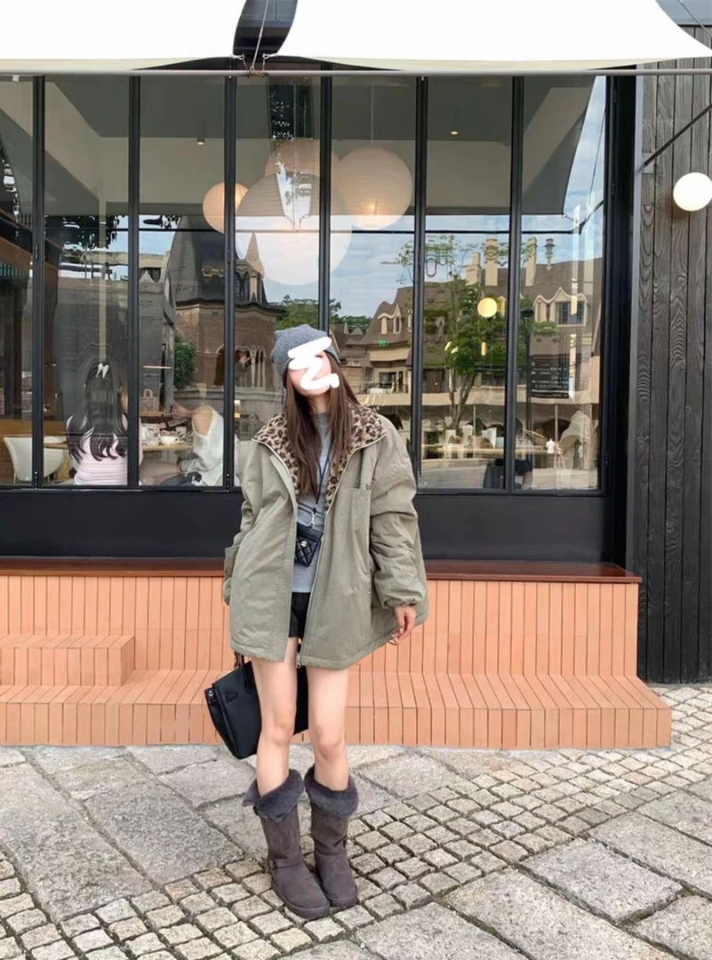 蔓蔓 美式绿色宽松豹纹羊羔绒棉衣女冬季保暖正反两穿外套22928